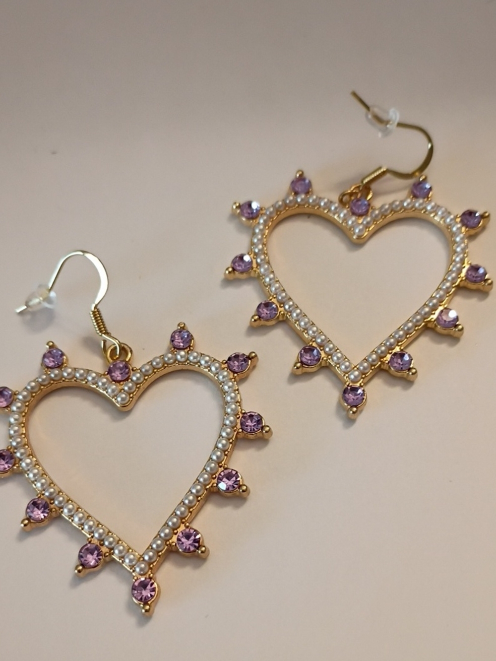 Gold Heart Drop Earrings with Purple Crystals and Pearled Edge